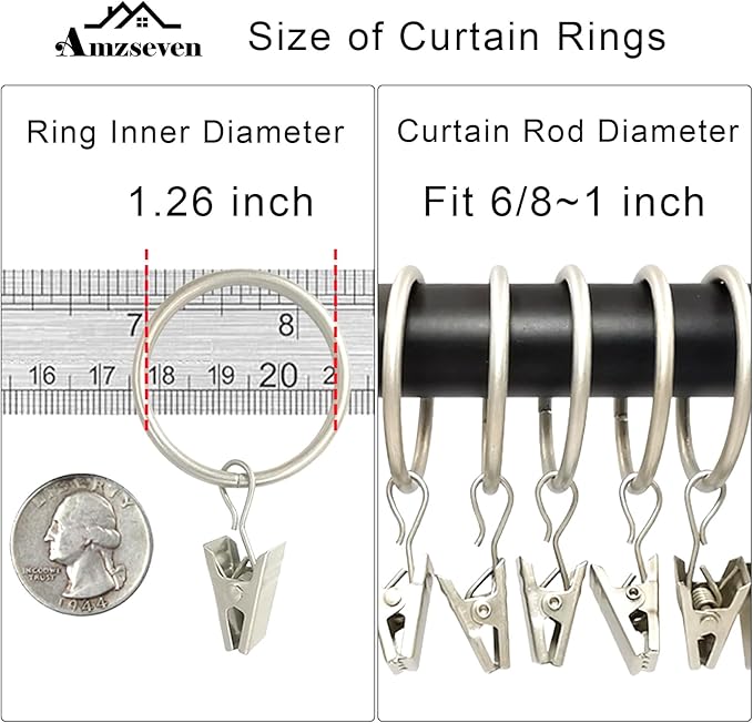 90 Pack Curtain Rings with Clips, Drapery Clips with Rings, Drapes Rings 1.26 in Interior Diameter, Fits up to 1 in Curtain Rod, Matte Silver