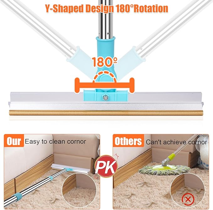 Carpet Rake for Pet Hair Removal, 2 in 1 Pet Hair Remover Tool with Squeegee, Durable Sturdy Dog Cat Hair Rake, 60‘’ Adjustable Handle, 12'' Wide Rake Scraper Carpet Broom for Carpet Rug Mat Cleaning