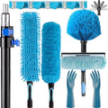 16 Foot High Reach Ceiling Fan Duster with 4.5-8ft Heavy Duty Extension Pole, Microfiber Feather, Cobweb Duster, Window Squeegee Kit Cleaner, Cleaning Gloves