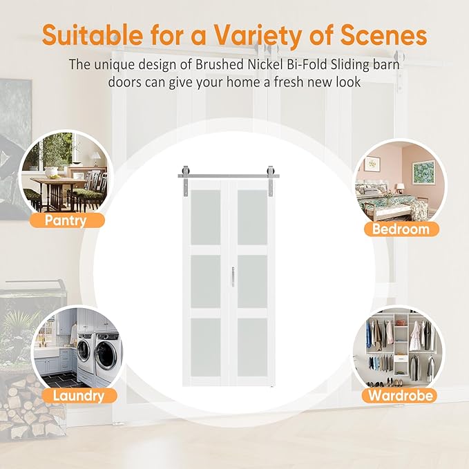 Bifold Closet Doors, 30"（15" x2） x 84", 3 Lites Frosted Glass Bifold Door with Brushed Nickel Sliding Hardware Kit Set, Pre-drilled Bi fold Barn Door Slab, 2.83FT Track for 2 Doors