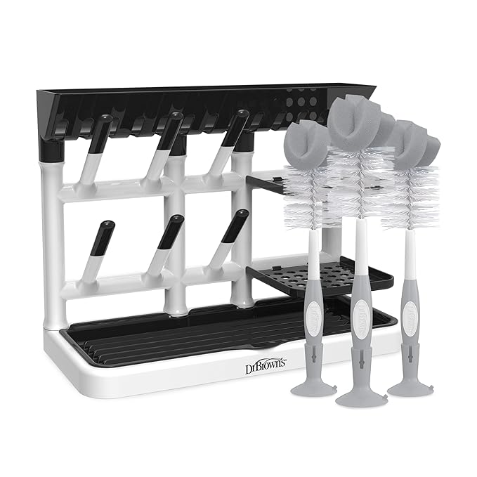Dr. Brown's Baby Bottle Drying Tower, Stand-Up Drying Rack with Reusable Sponge Baby Bottle Cleaning Brush Set, 3-Pack, Grey