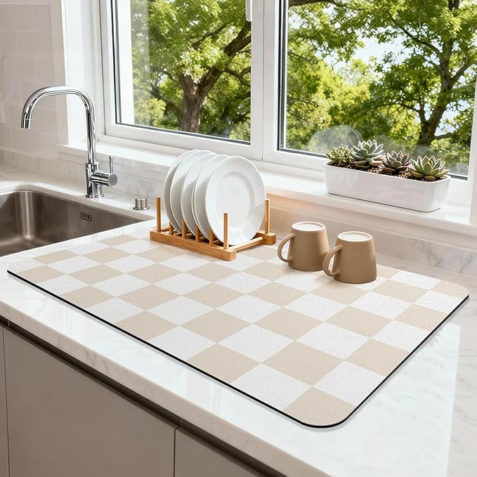 Checkered Dish Drying Mat for Kitchen Counter Coffee Mat Bar Accessories,Fit Uder Pot, Dish Rack,Hide Stain,Absorbent Easy Clean (Beige, 19" x 12")