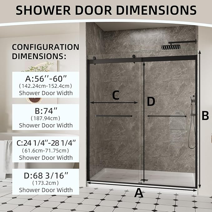 56-60" W x 74" H Frameless Shower Door, Double Sliding Shower Door with 5/16" (8mm) Clear SGCC Tempered Glass, Matte Black Finish Shower Doors, Reversible Installation