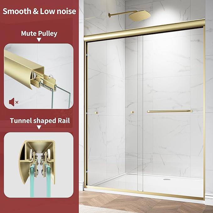 56-60" W x 72" HSemi-Frameless Double Sliding Glass Shower Door, 1/4" (6mm) Clear Tempered Glass, Bypass Sliding Shower Door for Bathroom, Easy to Clean (Brushed Gold, 60" W x 72" H)