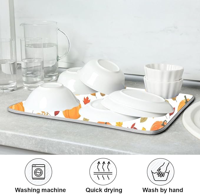 Fall Pumpkin Pattern Dish Drying Mat for Kitchen Countertop 16x18 Autumn Leaves Thanksgiving Day Small Drying Mat Reusable Quick Dry Dish Sink Mats Easy Clean Decorative Essentials