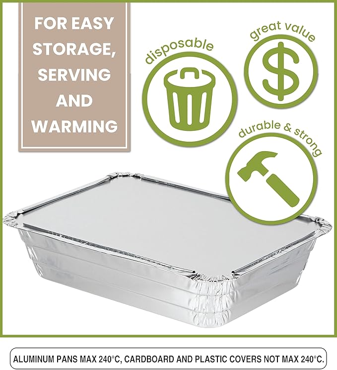 PARTY BARGAINS 2.25 lb Aluminum Pans with Board Lids, 50 Pack – 8 x 6 in Disposable Foil Roasting & Steam Table Pans for Catering, Takeout, Meal Prep, Oven Safe up to 240°C