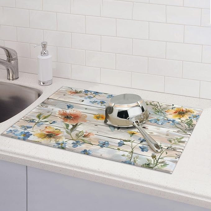 Flowers on Wooden Board Dish Drying Mat 18x24 Inch, Microfiber Absorbent Fast Dry Mat Floral Large Dish Mat Drying Kitchen Mat, Kitchen Drying Pad for Kitchen Counter Coffee Bar Decor Gifts