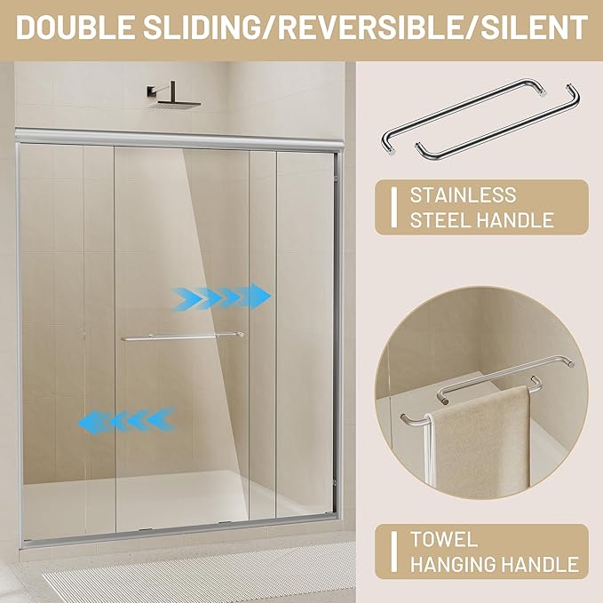 44-48" W x 70" H Double Sliding Shower Door, Semi-Frameless Shower Door with 1/4"(6mm) Clear Tempered Glass, Silent Soft-Close Door for Walk-in Shower, Brushed Nickel