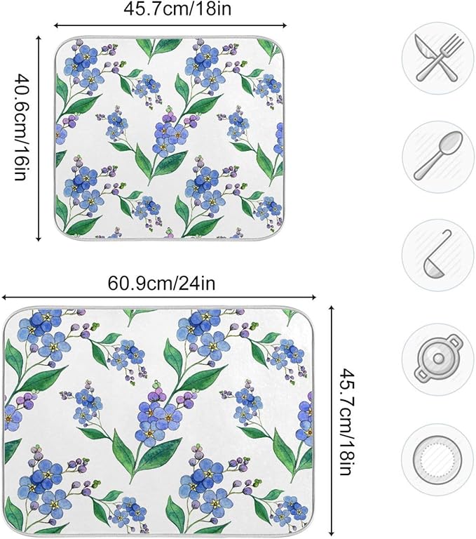 Blue Forget-me-not Flowers Dish Drying Mat for Kitchen Counter 16x18 inch Super Absorbent Drying Mat Large Dish Drying Mats for Kitchen Countertop Protector Dishes Pad