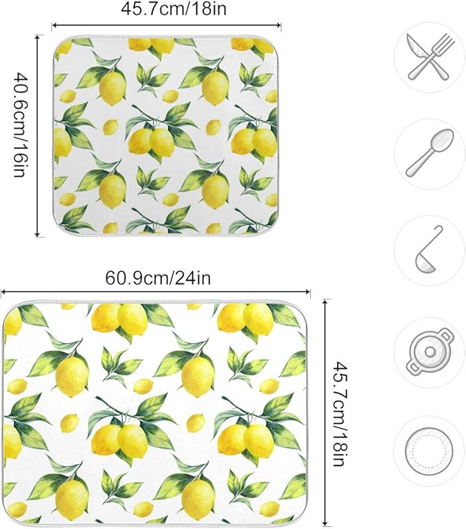 Tropical Lemon Leaves Dish Drying Mat 16x18 for Kitchen Lemon Yellow Lime Tree Dishes Pad Dish Drainer Rack Mats Absorbent Fast Dry Kitchen Accessories