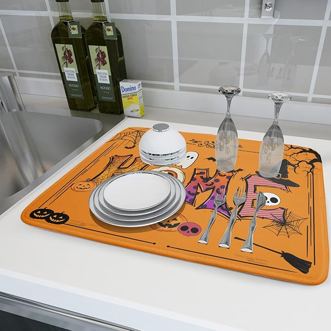 Orange Dish Drying Mat for Kitchen Counter Large Absorbent Resistant Drainer Mat Home Decor
