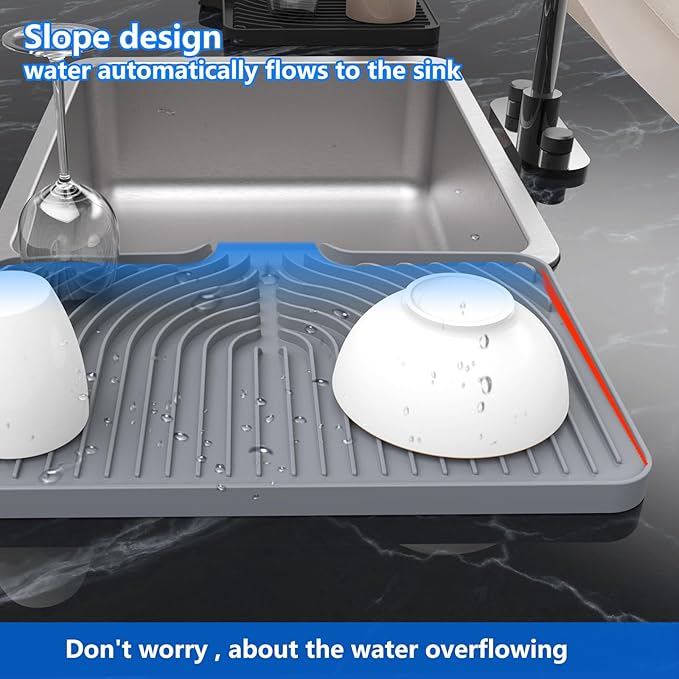 Kitchen Drying Mat for sink with a bulged edge,10"14"18"20"Silicone Dish Drying Mat with built-in Drain Spout, Rubber Dish Mat for Kitchen (18"×12"gray)