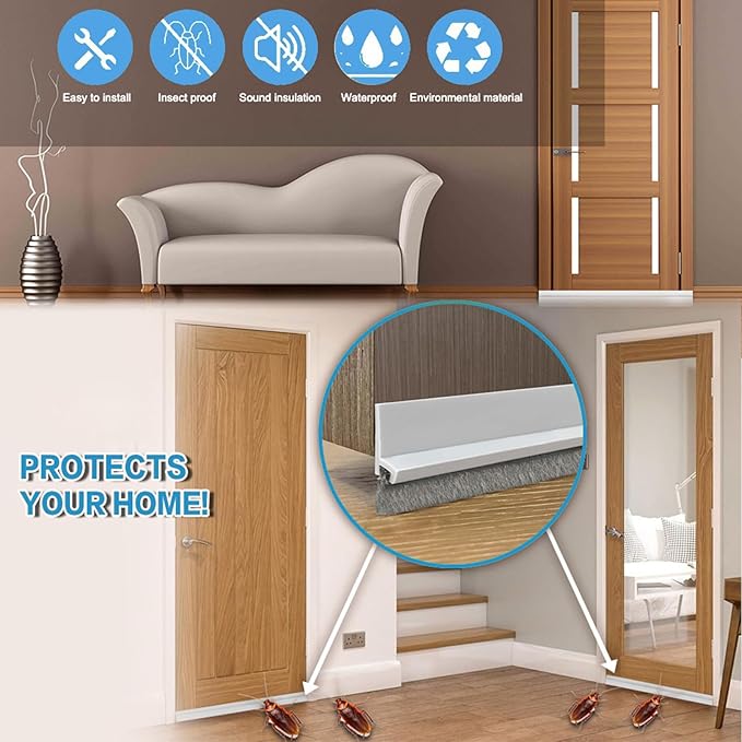 39-inch Door Draft Stopper with Brush - Adhesive Weather Stripping Seal for Exterior/Interior Doors | Under Door Sweep Blocks Drafts, Noise & Dust | Fits 1/4"-1" Gaps (Brown)