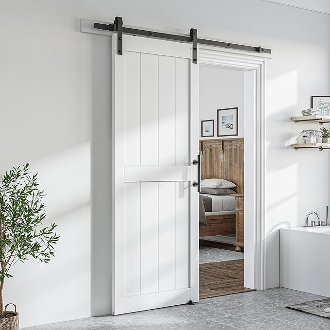 SmartStandard 32 x 80 inch White Sliding MDF Barn Door with 6FT Black Sliding Door Hardware Kit & Handle, Pre-Drilled Ready to Assemble, Waterproof PVC Coating, H-Frame