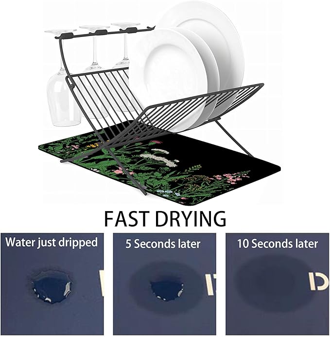 Dish Drying Mat for Multiple Usage. Super Absorbent, Easy clean, Quick dry, Cocina Accesorios for Kitchen Counter or Faucet Sink, Coffee bar, Refrigerator or Air fryer liners, 1 Pack Flower