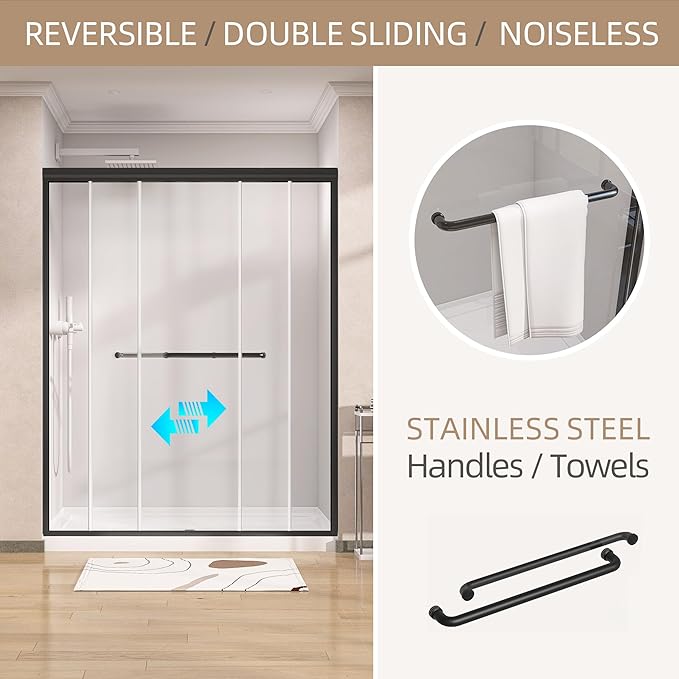 GETPRO Shower Door 56-60 in. W x 75 in. H Semi-Frameless Double Sliding Glass Shower Doors, Bypass Glass Door for Walk-in Shower with 5/16 inch Tempered Glass Matte Black