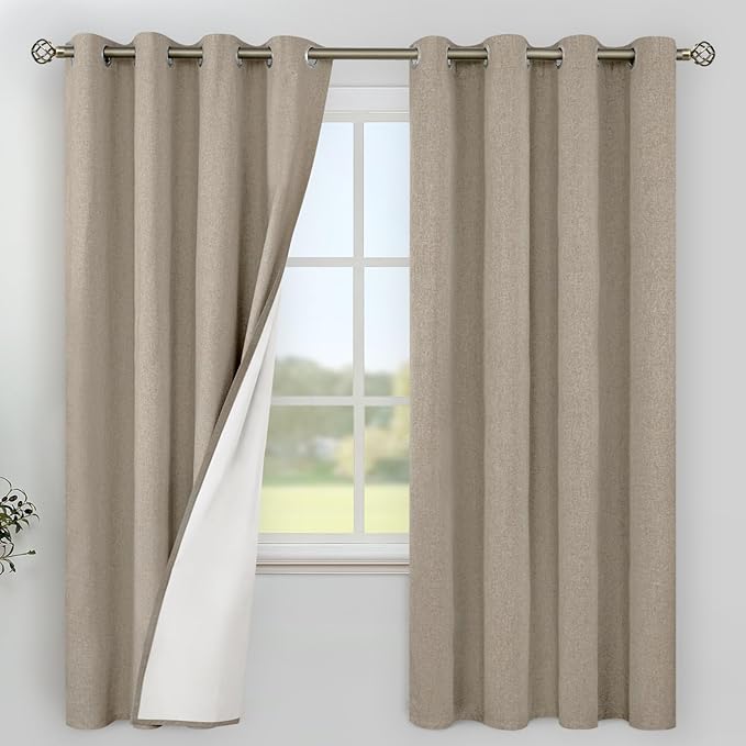 YoungsTex Burlap Linen 100% Blackout Curtains 68 Inch Length for Bedroom, Taupe Thermal Insulated Drapes with Grommet Heavy Darkening for Living Room, 2 Panels, 52 X 68 Inch