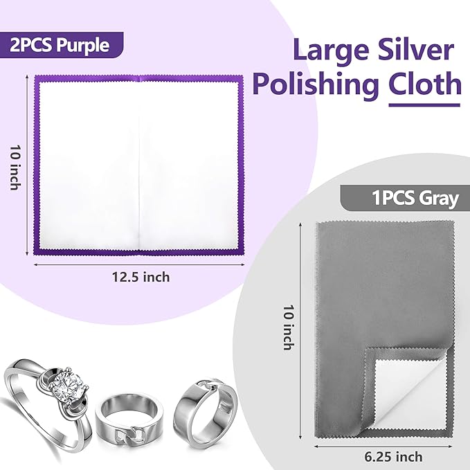 3PCS Silver polishing Cloths, 10 x 12.5 inches Four-Layer Double-Sided Jewelry Cleaning Cloth，Large polishing Cloth for Gold, Silver, Diamond, Platinum, Jewelry (2 PCS Purple and 1 PCS Gray)