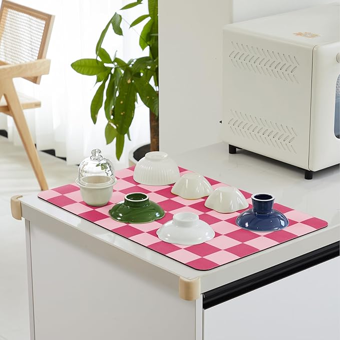 Checkered Dish Drying Mat for Kitchen Counter, Coffee Bar Station Accessories, Retro Cute Girly Pink Aesthetic Modern Absorbent Drainer Mat Kitchen Drying Mat Easy Clean, Hot Pink 16" x 24"