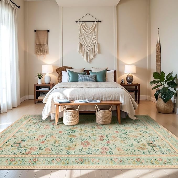 Floral 5x7 Washable Area Rug, Vintage Boho, Non Slip Low Pile Wool Carpet for Living Room,Bedroom,Indoor Dining Room,Girls Room,Nursery(Green 5x7ft)