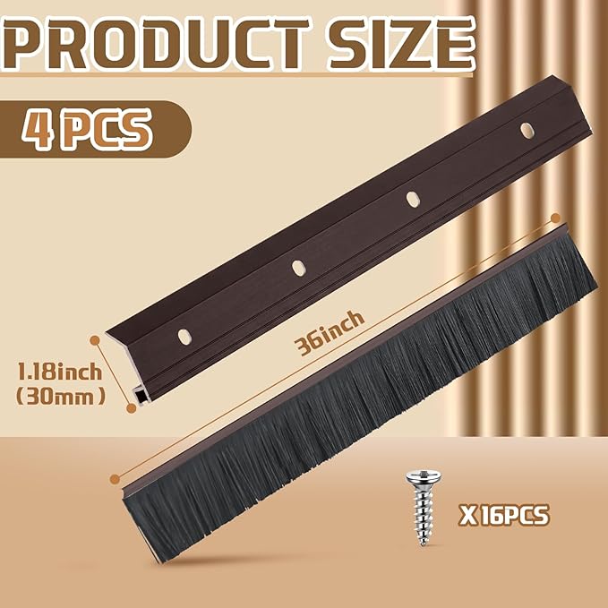 Hushee 4 Pack 36 Inches Brush Door Sweep for Exterior, Aluminum Commercial Door Sweep Bottom All-Season Alloy Brush for Exterior and Interior Sealing Gaps Keeps Cold Air, Dust Out(Brown)
