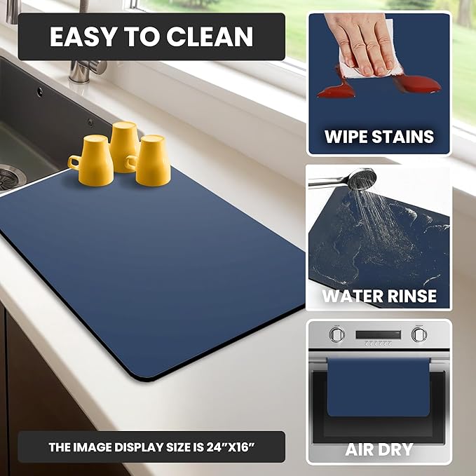 Dish Drying Mat Super Absorbent – 24" x 16" Coffee Mat for Countertops – Non-Slip Drying Mat for Kitchen Counter – Easy to Clean Water Absorbent Mat – Large Dish Drying Mats (Navy Blue)