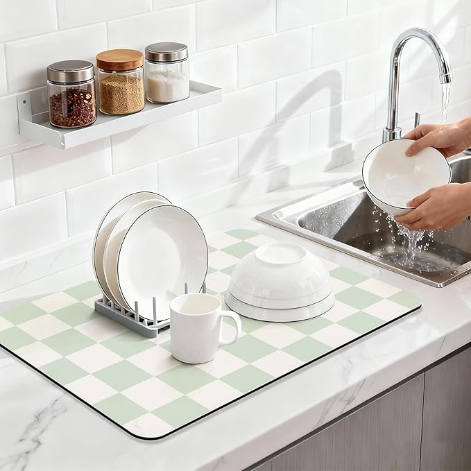 Checkered Dish Drying Mat （Green，24" x 16"） for Kitchen Counter Coffee Mat Bar Accessories,Fit Uder Pot, Dish Rack,Hide Stain,Absorbent Easy Clean