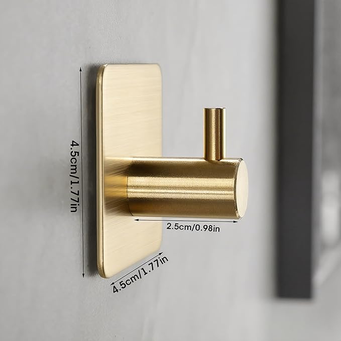 YIGII Adhesive Hooks, 4 Pack Stainless Steel Towel Hooks Heavy Duty, Sticky Wall Hook for Hanging Robe, Coat, Clothes, Waterproof (Gold)