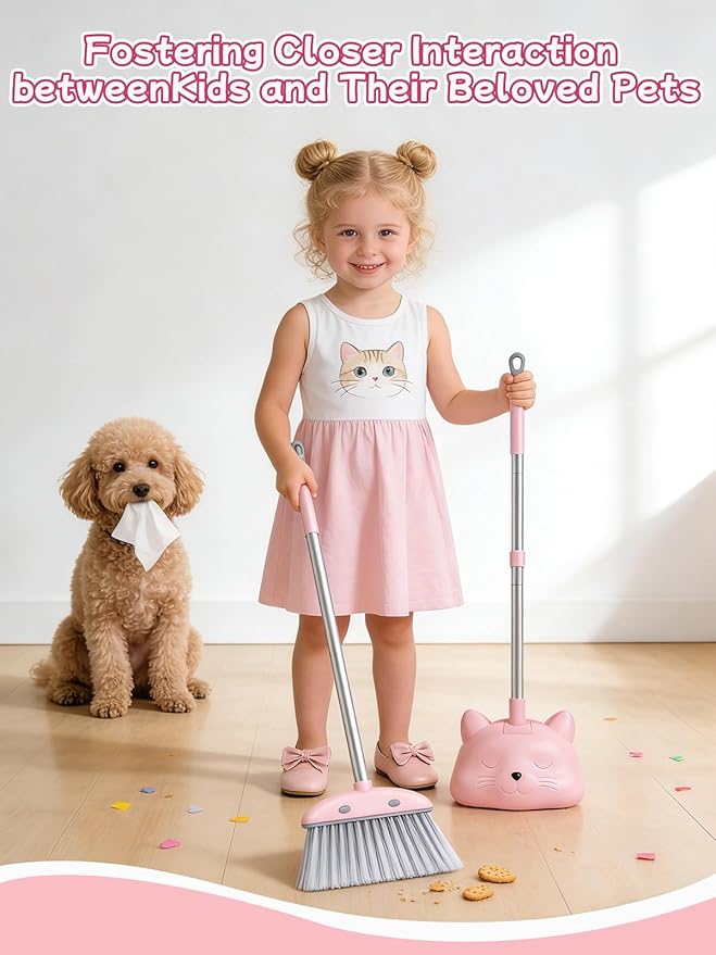 Kids Cleaning Toy 3-Piece Set - Broom, Dustpan & Mop | 28-Inch Mini Broom, Toddler Household Helper, Perfect Tool for Cleaning Tiny Corners, Adorable Cartoon Style (Pink)