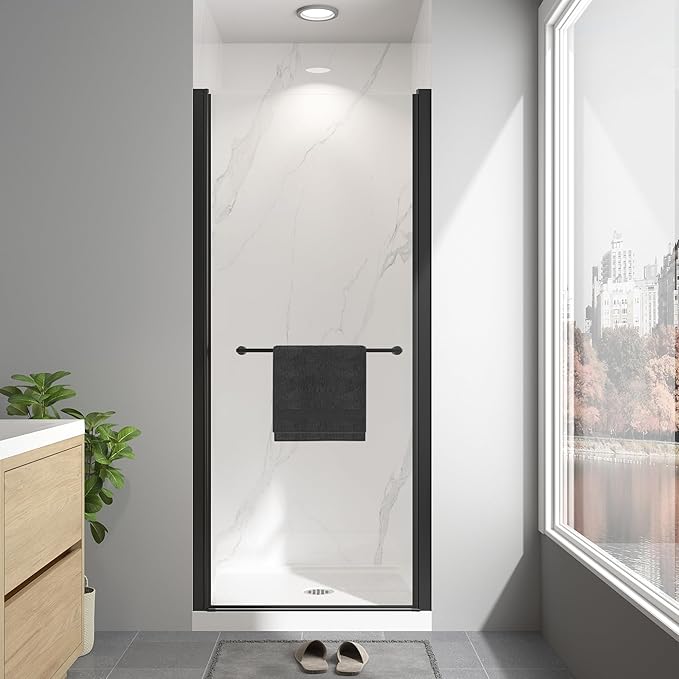 Frameless Pivot Shower Door 32"-34" W x 72" H, Swing Shower Glass Doors with Nano Explosion-Proof Film Tempered Glass 1/4"(6mm) Reversible Installtion, Matte Black Finish