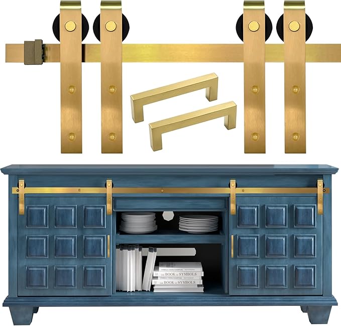 Rio Salto Mini Gold Barn Door Hardware Kit 7FT with Handles, Double Pannel Cabinet Sliding Barn Hardware 84" Track for Sliding Furniture (Gold, 7FT Track Kit (Double Door)