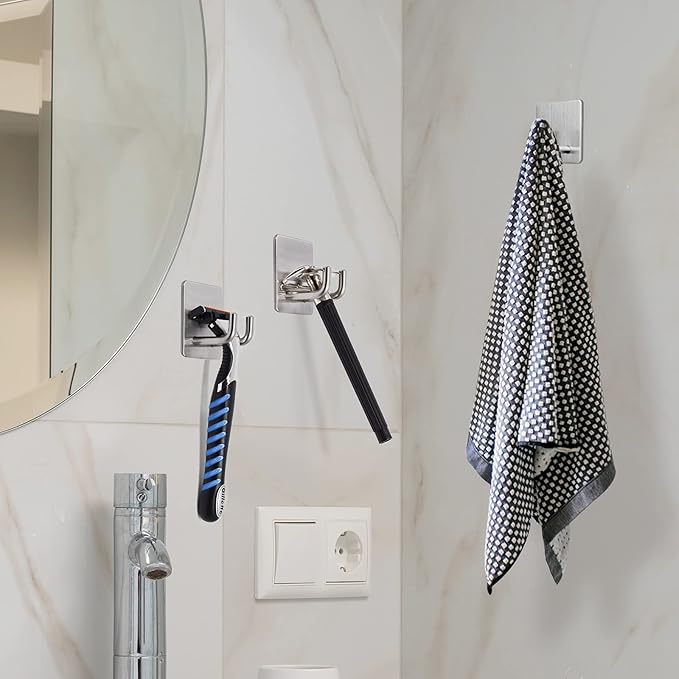 Adhesive Hooks, Razor Holder for Shower, Stick Bathroom Wall Towel Hooks, Stainless Steel Door Hangers for Coat Loofah Robes, Self Adhesive Room Organizer