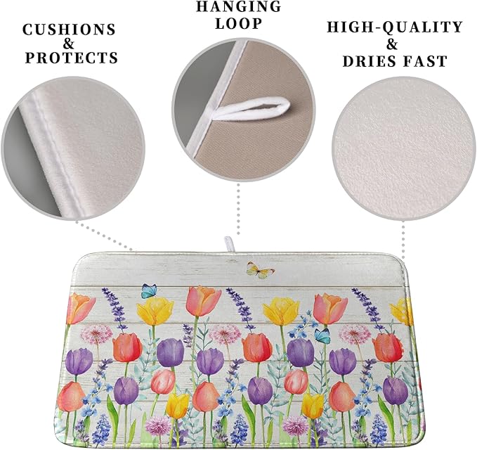 Tulip Floral Dish Drying Mat for Kitchen Counter Watercolor Spring Flower Dish Mat Absorbent Microfiber Dish Draining Mat Reversible Heat Resistant Dishes Pad Large 18 x 24 Inch