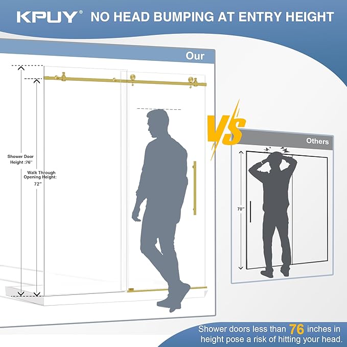 KPUY Frameless Shower Door, 43-48" W x 76" H Sliding Glass Shower Door, 1/4" (6mm) Thick Tempered Clear Glass with Explosion-Proof Film Nano Coating, Stainless Steel Hardware, Brushed Gold