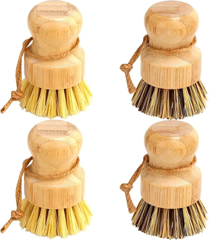 Bamboo Dish Brush Set, 4 Pcs Palm Wooden Dish Scrubber Brush, Dish Brushes, Durable Wood Dishes Scrub Brush, Natural Round Vegetable Cleaning Pots Pans Sink Washing Kitchen Brush by Aisuly