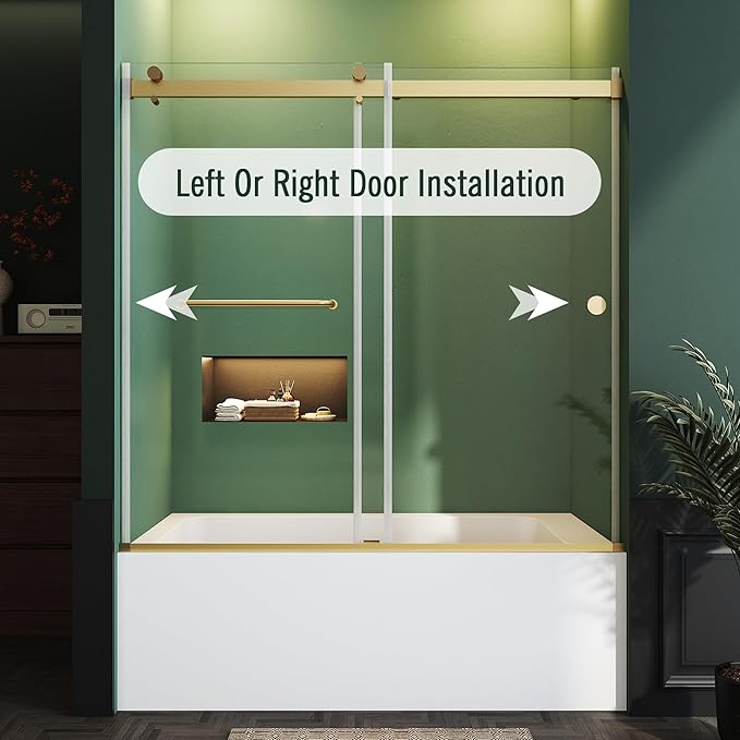 Bathtub Sliding Door 55"-60" W x 56" H Tub Shower Door, Frameless Bypass Bathtub Door Glass, Double Sliding Tempered Glass with Explosion-Proof Film Stainless Steel Gold
