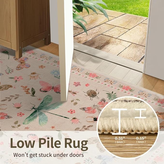 3x5 Rug for Entryway Bedroom, Pink 3x5 Washable Area Rug, Floral Vintage Retro Boho Throw Rug, Non Slip & Low Pile Small Carpet for Indoor Kitchen, Bedside, Living Room, Bathroom and Dining