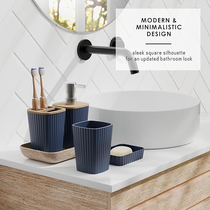 Clara Clark Bathroom Accessories Set - Bathroom Set, Bathroom Sets with Shower Curtain and Rugs, Shower Curtain Set with Bathroom Trash Can - Navy - 22PC