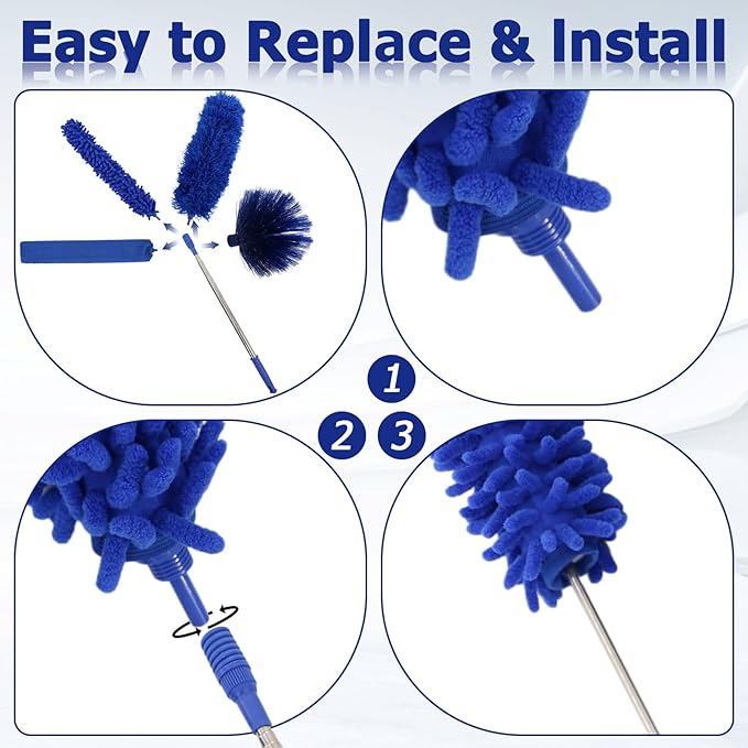 Ceiling Fan Cleaner Duster Set, Dusters with Extension Pole Reusable, Microfiber Ceiling Fan Blade Cleaner, Suitable for Cleaning Wall Blinds Door Furniture Bookshelves (Blue)