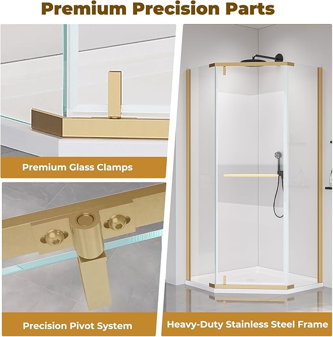 36" D x 36" W x 72" H Neo-Angle Shower Door, Corner Shower Enclosure with Explosion-Proof Film and Nano Coating, Stainless Steel Frame, 1/4” (6MM) SGCC Tempered Glass, Brushed Gold Finish