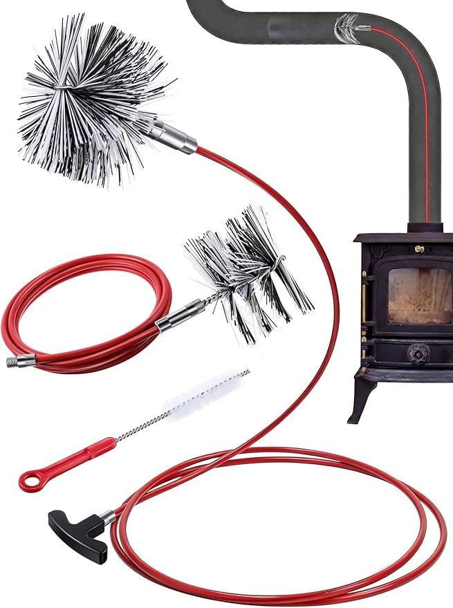 Feekoon Pellet Stove Cleaning Kit, 20 FT Flexible Steel Rod with 3" & 4" Brush Head, Flue Detail Cleaner, Pellet Stove Accessories for Vent Pipes Cleaning - Reduce Buildup & Improve Airflow