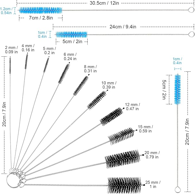 Reusable Straw Cleaning Brushes Bottle Test Tube Long Straw Cleaning Brush Nylon Washing Tool Reusable Bottle Brush in Different Size (Blue-Black,16 Pieces)
