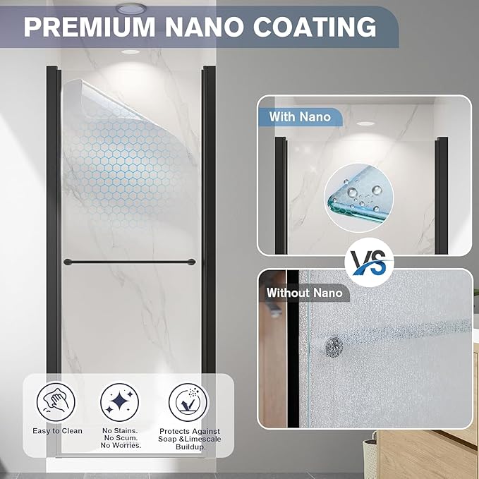 Frameless Pivot Shower Door 36"-38" W x 72" H, Swing Shower Glass Doors with Nano Explosion-Proof Film Tempered Glass 1/4"(6mm) Reversible Installtion,Matte Black Finish