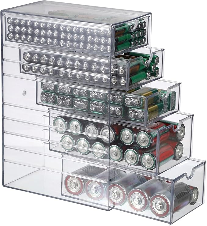 BTSKY Clear Plastic Battery Storage Organizer for AA, AAA, 9V, C, D Batteries, 5-Drawer Storage Box Battery Holder Organizer for Common Types Batteries, Household Container(Batteries Not Included)