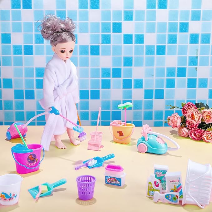 22 Pieces Miniature Bucket Doll Housework Cleaning Supplies Mini Dollhouse Accessories Mop Dustpan, Brush, Broom, Bucket Dollhouse Furniture Decoration Accessories for Dolls Pretend Play, Random Color