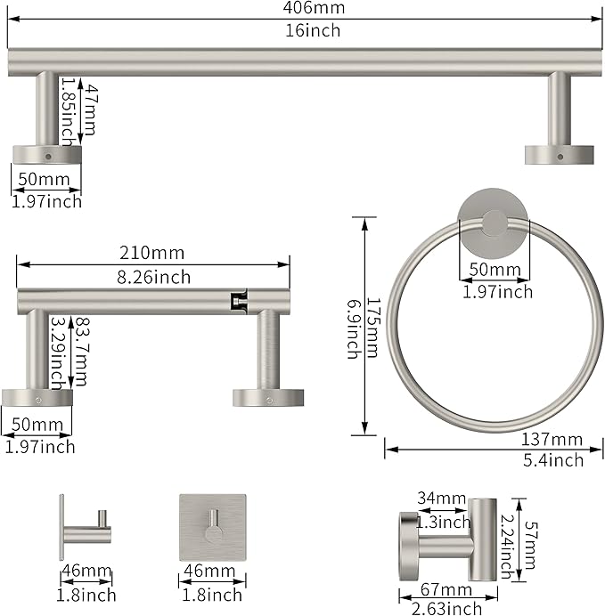 6 PCS Bathroom Hardware Set, Including 16" Hand Towel Bar, Toilet Paper Holder, Towel Ring, Robe Towel Hooks, Bathroom Accessories Kit (Brushed Stainless Steel)