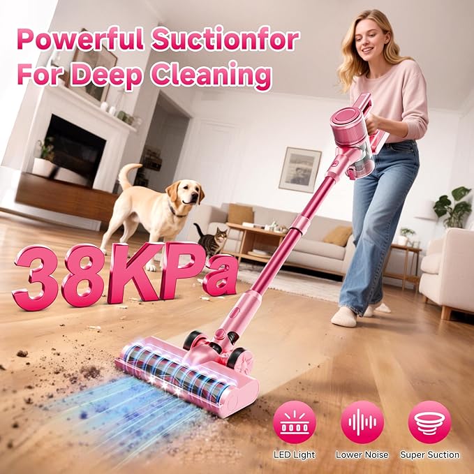 Cordless Vacuum Cleaner, 8 in 1 40Kpa 55Mins,Lightweight Vacuum Cleaners for Home, Stick Vacuum with Anti-Tangle Brush,Wall Mount, Rechargeable Cordless Vacuum for Floor/Sofa/Pet Hair,Pink