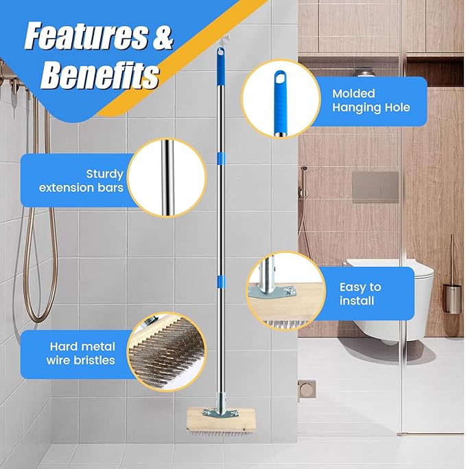 2 Pack Stainless Steel Floor Scrub Brush with 4 Section Detachable Pole, 65” Deck Stain Brush with Long Handle, Push Broom Outdoor Heavy Duty for Concrete Floor Patio Garden Garage Swimming Pool