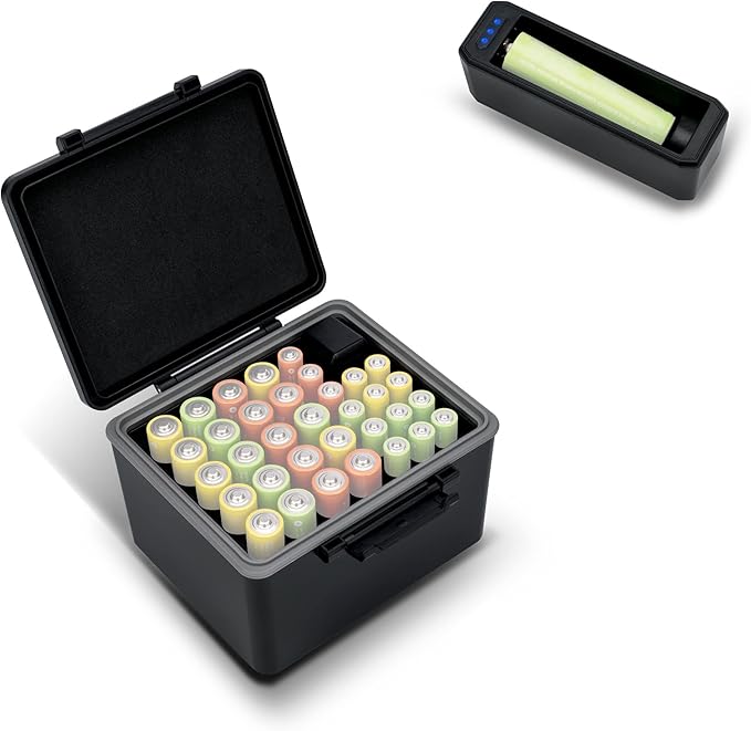 JJC Hard Case for AA AAA Battery with Tester Checker,34 Slots Battery Storage Organizer for 20 AA and 14 AAA Battery, Water-Resistant and Shockproof, AA and AAA Battery Holder Container