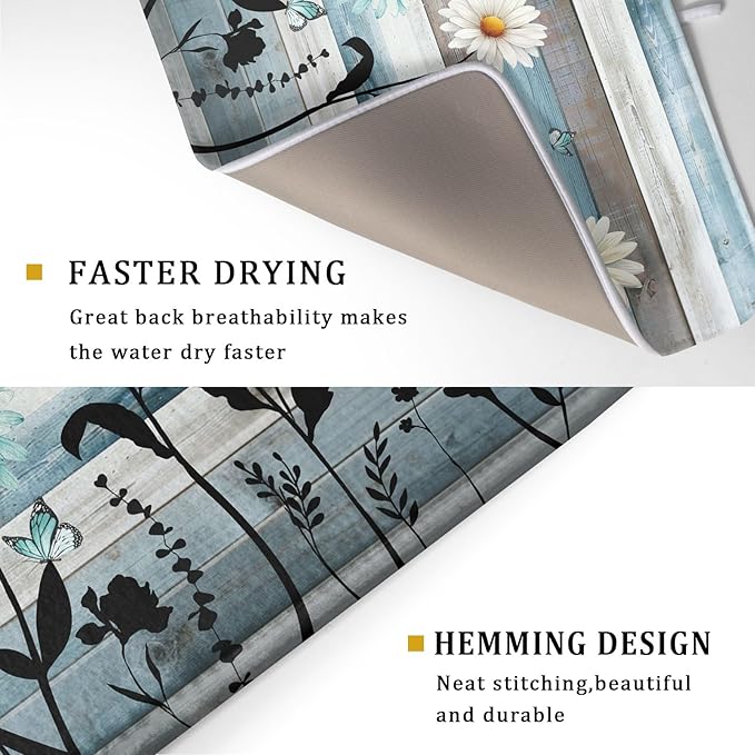 Blue White Daisy Floral Dish Drying Mat for Kitchen Counter,Sprinng Rustic Wood Drying Mat 18 x 24 Inch with Absorbent Reversible Microfiber Drying Pad for Coffee Bar
